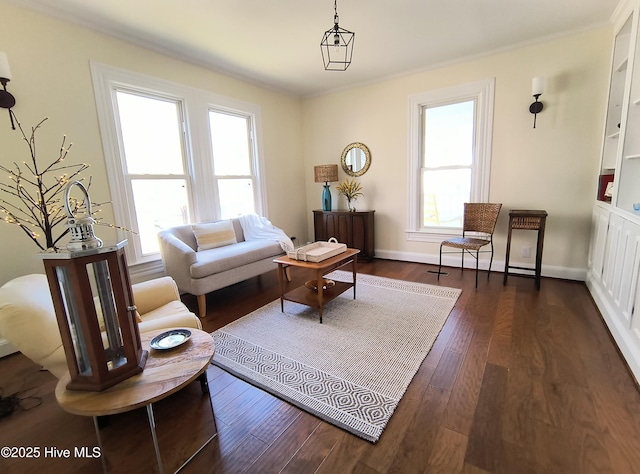 living room featuring crown molding and dark hardwood / wood-style floors