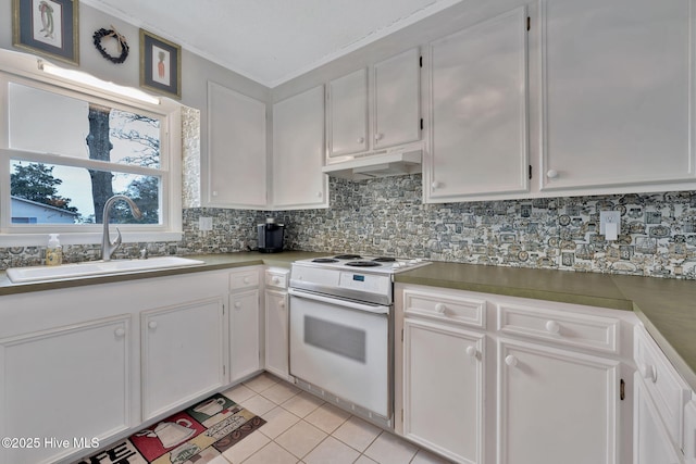 kitchen with sink, white electric range, and white cabinets