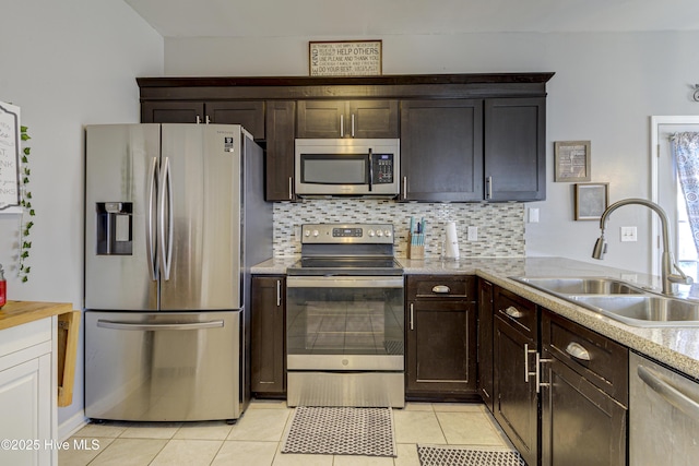 kitchen featuring sink, appliances with stainless steel finishes, dark brown cabinets, and tasteful backsplash