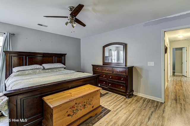 bedroom with light hardwood / wood-style floors and ceiling fan