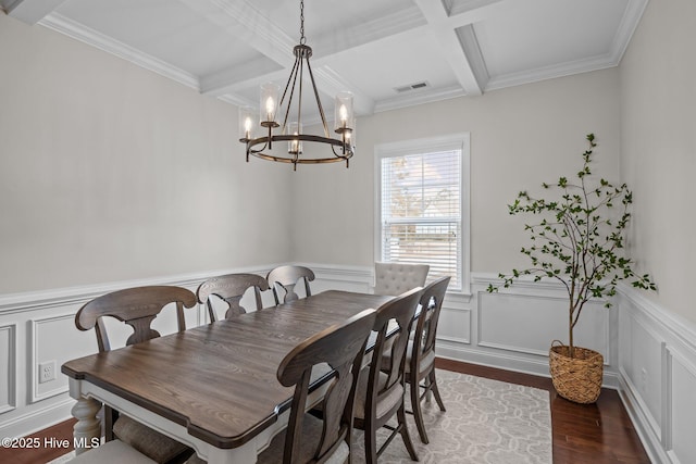 dining area featuring beamed ceiling, ornamental molding, coffered ceiling, dark wood-type flooring, and an inviting chandelier