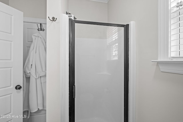 bathroom with a shower with shower door