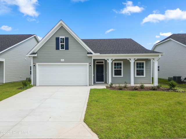 view of front of home with central AC unit, a porch, a garage, driveway, and a front yard