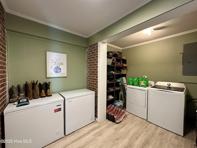 laundry room featuring crown molding, electric panel, and independent washer and dryer