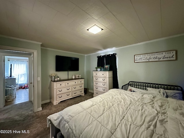 carpeted bedroom with ornamental molding