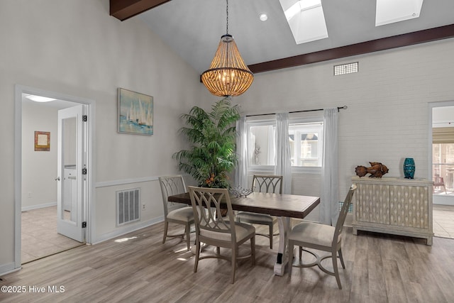 dining room with high vaulted ceiling, beam ceiling, a wealth of natural light, and light hardwood / wood-style floors