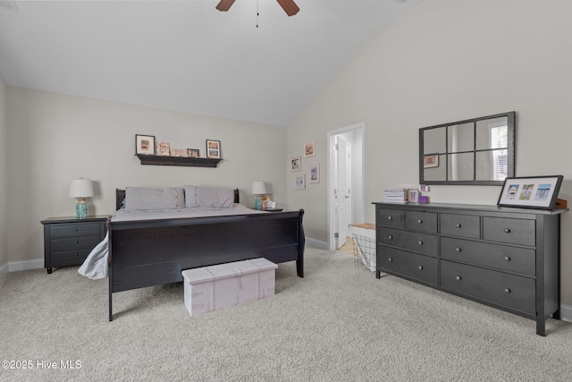 451 Gretchen Rd, West End, NC 27376 - carpeted bedroom featuring high vaulted ceiling, ceiling fan, and baseboards