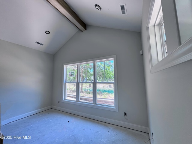 empty room featuring visible vents, baseboards, and vaulted ceiling with beams