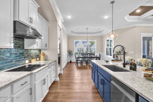 kitchen featuring blue cabinets, sink, white cabinetry, black electric cooktop, and dishwasher