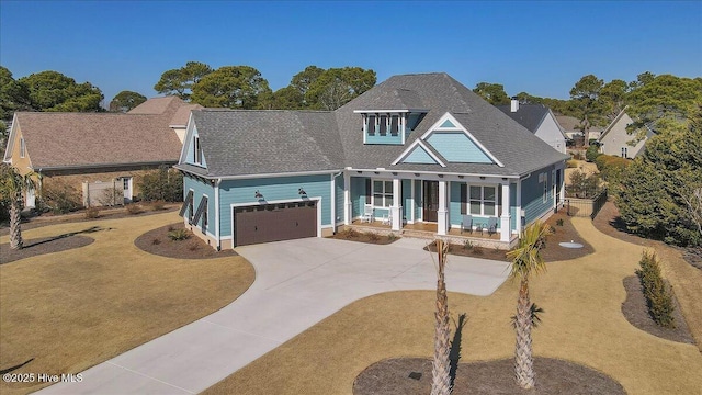 craftsman-style house with a garage, covered porch, and a front lawn