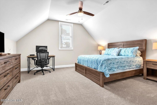 bedroom featuring lofted ceiling, light carpet, and ceiling fan