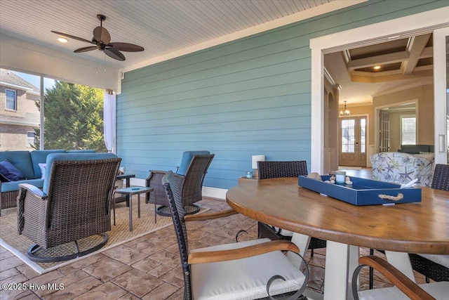 view of patio with an outdoor living space, french doors, and ceiling fan