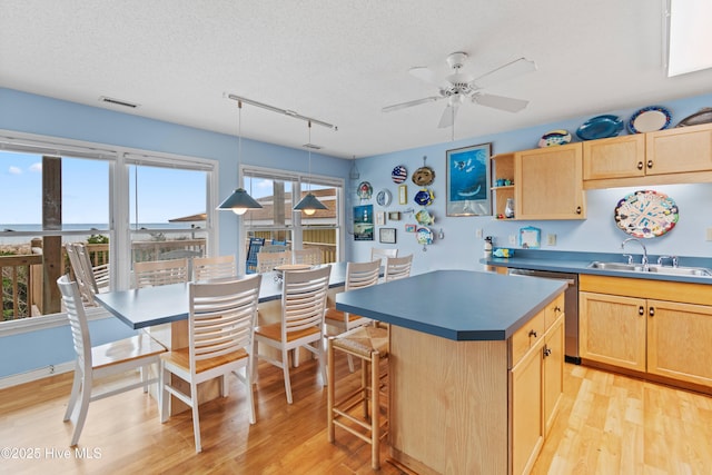 kitchen featuring sink, decorative light fixtures, light wood-type flooring, stainless steel dishwasher, and a kitchen island