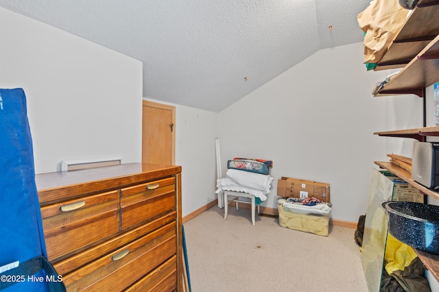 bedroom with lofted ceiling, carpet flooring, and a textured ceiling