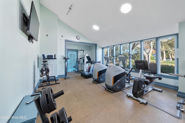 workout area featuring high vaulted ceiling