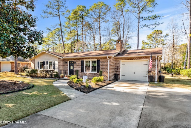 ranch-style house featuring brick siding, a chimney, an attached garage, driveway, and a front lawn