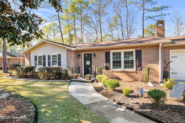 ranch-style home featuring a garage, brick siding, a chimney, and a front lawn