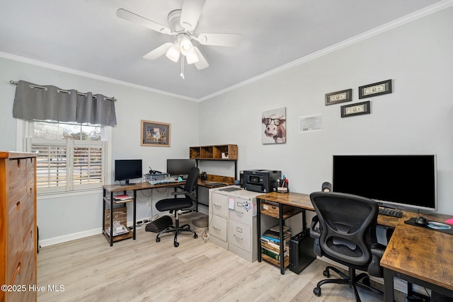 office with ornamental molding, ceiling fan, and light wood-type flooring