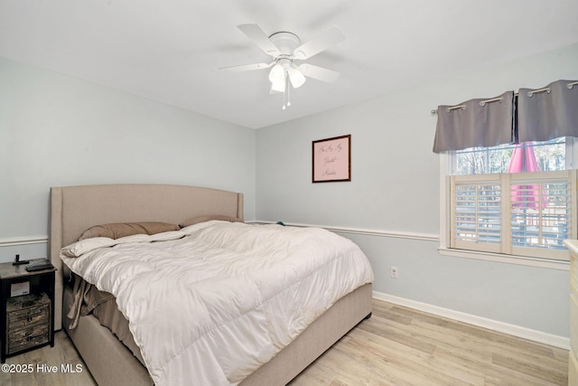 bedroom with light hardwood / wood-style floors and ceiling fan