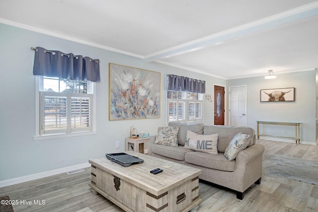 living room with crown molding and light wood-type flooring