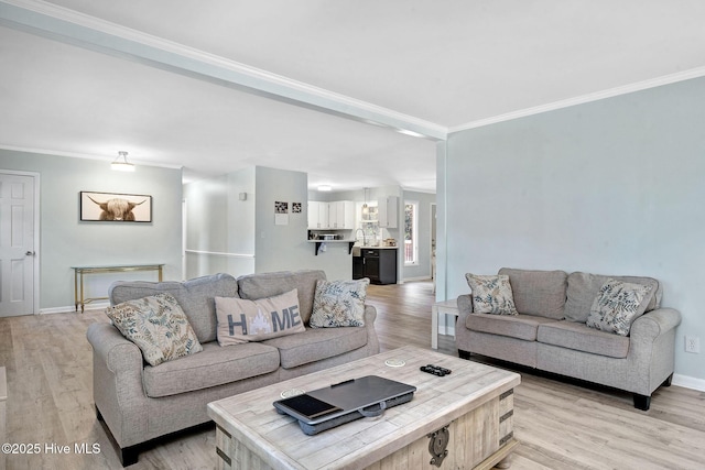 living room featuring sink, light hardwood / wood-style flooring, and ornamental molding