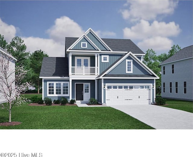 craftsman-style home featuring a garage, a front lawn, and a balcony