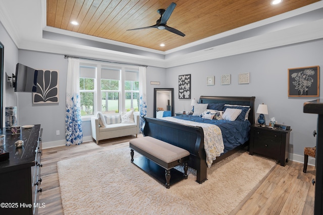 1611 Golfers Ridge Dr SE, Bolivia, NC 28422 - bedroom with a raised ceiling, wood ceiling, light wood-style flooring, ornamental molding, and recessed lighting