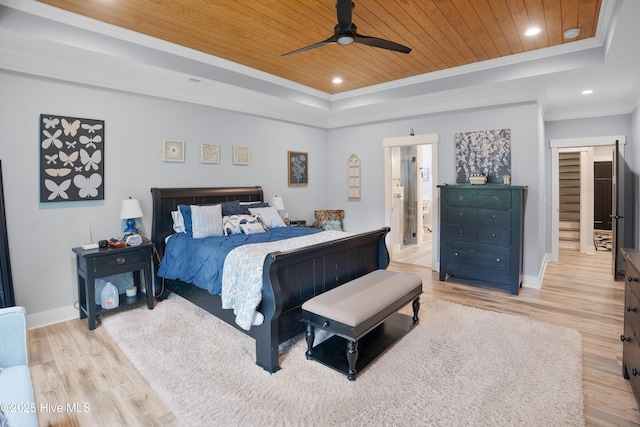 1611 Golfers Ridge Dr SE, Bolivia, NC 28422 - bedroom with a raised ceiling, wood ceiling, crown molding, light wood finished floors, and recessed lighting
