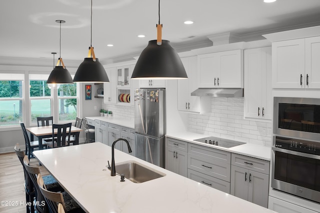 1611 Golfers Ridge Dr SE, Bolivia, NC 28422 - kitchen with appliances with stainless steel finishes, under cabinet range hood, decorative light fixtures, recessed lighting, and white cabinetry
