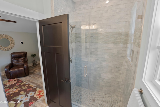 1611 Golfers Ridge Dr SE, Bolivia, NC 28422 - bathroom with wood finished floors, a shower stall, and a ceiling fan