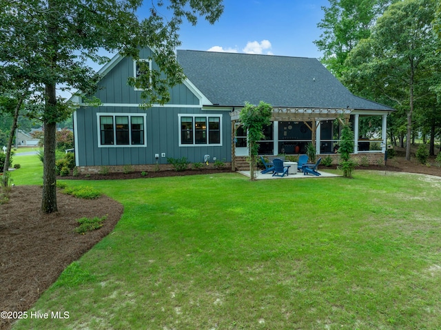 1611 Golfers Ridge Dr SE, Bolivia, NC 28422 - rear view of property featuring a patio, board and batten siding, a yard, a pergola, and a shingled roof