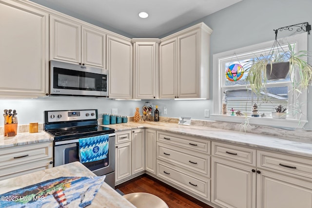 kitchen featuring light stone counters, stainless steel appliances, and dark wood-type flooring