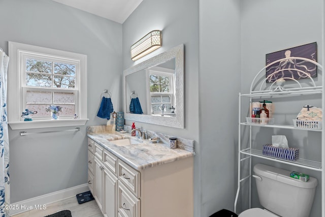 bathroom featuring vanity, hardwood / wood-style floors, toilet, and a healthy amount of sunlight