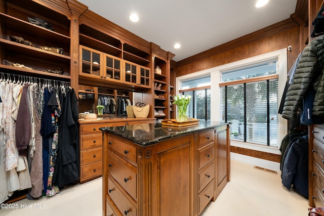 walk in closet featuring visible vents and light carpet