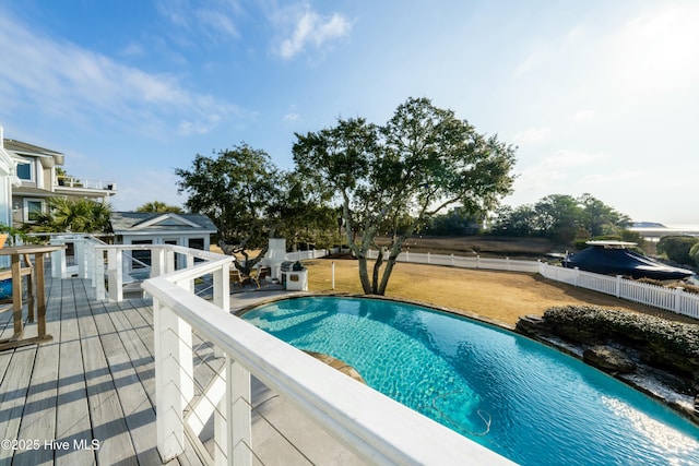 view of pool featuring a deck, a yard, a fenced backyard, and a fenced in pool