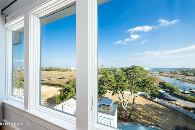 interior space featuring a water view