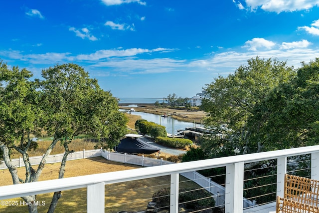 view of water feature featuring fence