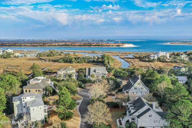 aerial view with a water view and a residential view