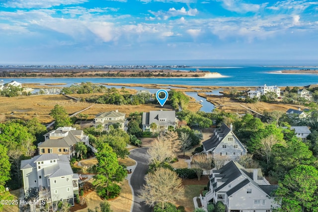 aerial view featuring a water view and a residential view