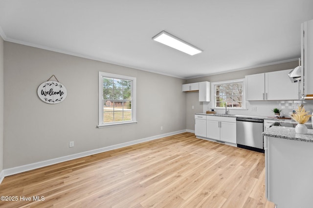 kitchen featuring white cabinetry, crown molding, stainless steel dishwasher, and light wood-type flooring