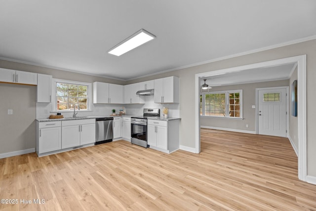 kitchen with stainless steel appliances, white cabinetry, light wood-type flooring, and crown molding