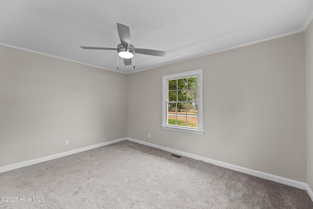 carpeted spare room with ceiling fan and ornamental molding