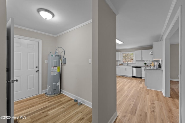 foyer entrance featuring sink, crown molding, electric water heater, and light wood-type flooring