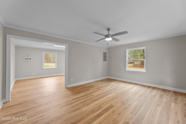 empty room with crown molding, ceiling fan, light wood-type flooring, and electric panel