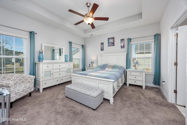 bedroom with a raised ceiling, ceiling fan, and carpet flooring