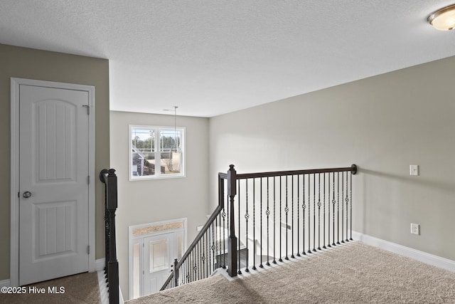 staircase featuring a textured ceiling and carpet