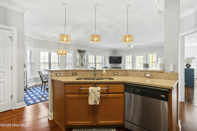 kitchen featuring sink, dark hardwood / wood-style flooring, stainless steel dishwasher, light stone counters, and crown molding