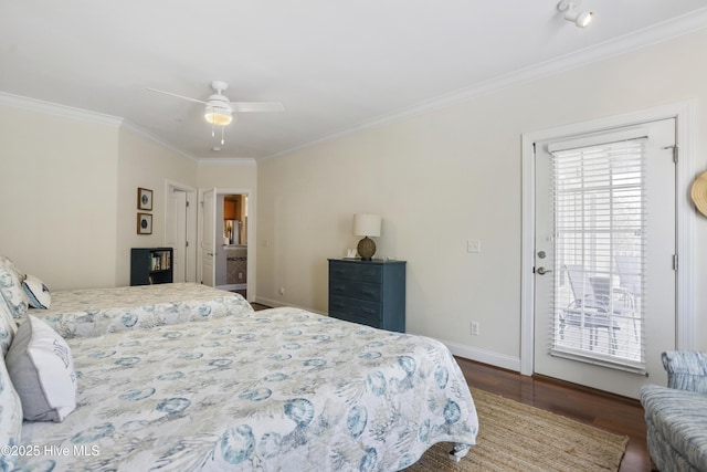 bedroom with crown molding, access to outside, dark hardwood / wood-style floors, and ceiling fan