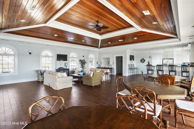 dining area with crown molding, wood ceiling, ceiling fan, a tray ceiling, and dark hardwood / wood-style flooring