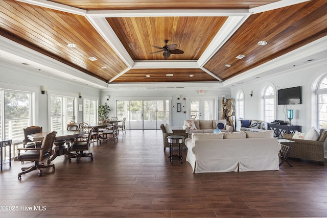 living room featuring dark wood-type flooring, crown molding, wooden ceiling, a raised ceiling, and ceiling fan